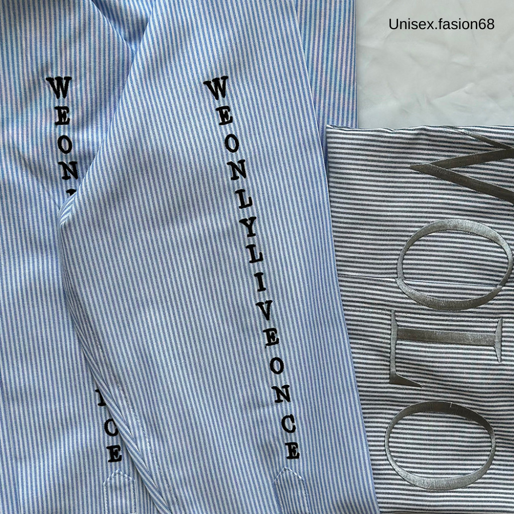 Áo sơ mi, áo sơ mi WOLO kẻ sọc xanh chữ thêu form unisex hàn quốc nam nữ