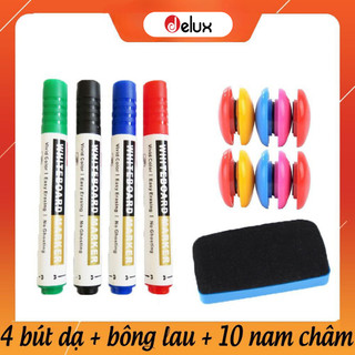 Bộ 4 Bút Dạ Viết Bảng trắng 4 màu khác nhau tặng kèm 10 nam châm và bông lau bảng từ trắng
