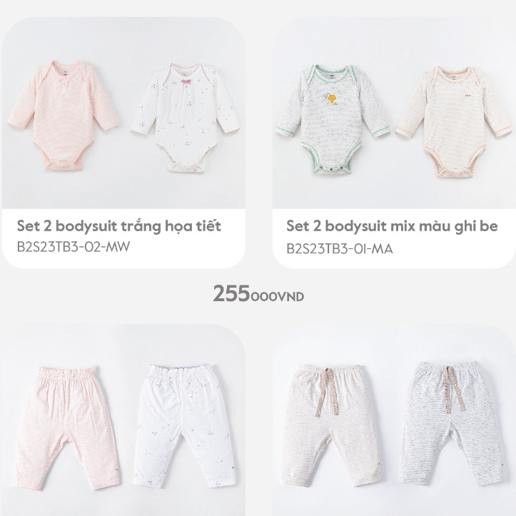 Set 2 bộ bodysuit Nous mix các màu và set 2 quần dài mix màu chất liệu Nu Doux thấm hút SS23