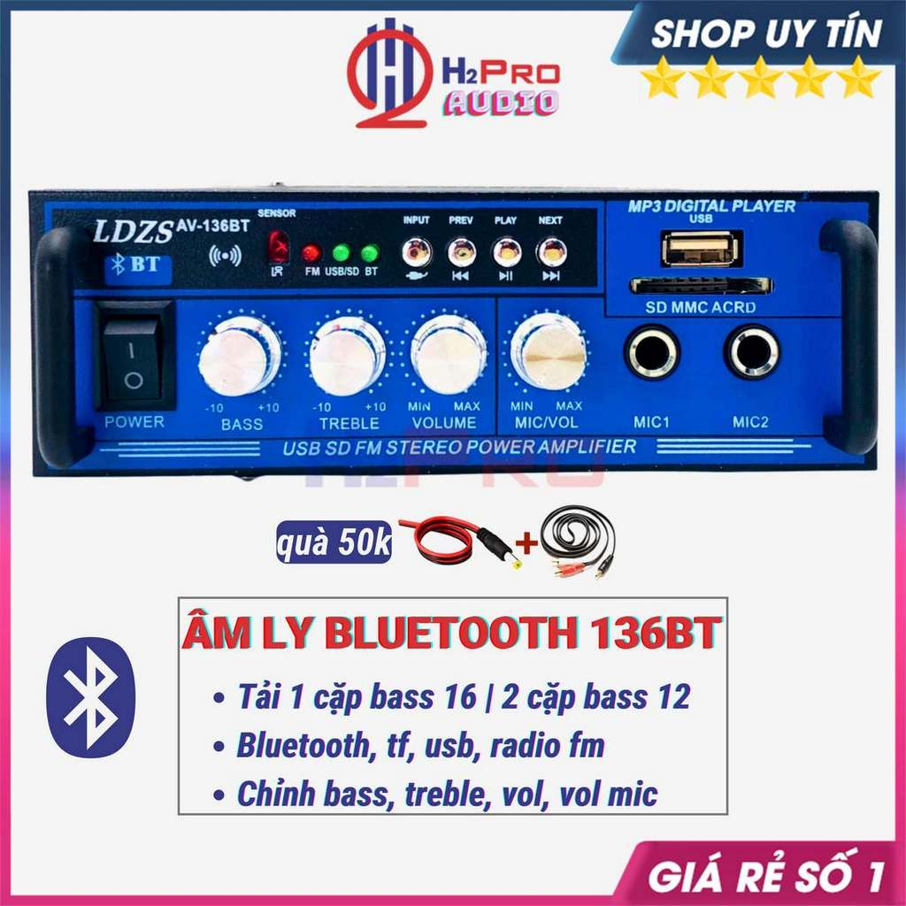 Âm Ly Bluetooth Mini 136Bt 500W Bluetooth 12V-220V, Amply Mini 12V Cao Cấp Nghe Nhạc Hay Hát Karaoke - H2Pro Audio