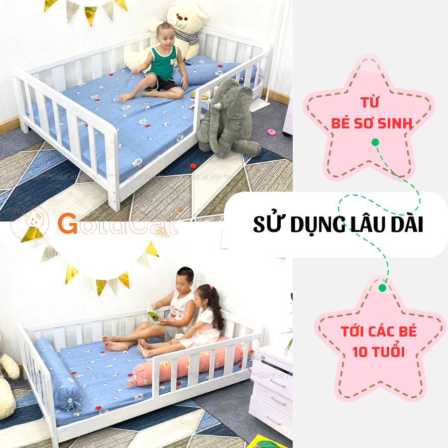 Giường trẻ em GoldKids kèm đệm quây cao cấp, có thanh chắn giường GoldCat cho trẻ từ 3-15 tuổi