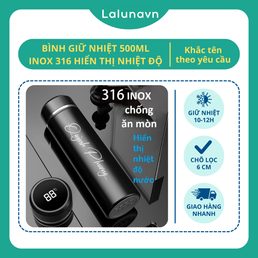 Bình nước giữ nhiệt inox 316 hiển thị NHIỆT ĐỘ chính xác 500ml Lalunavn,chống ăn mòn độ bền cao B145