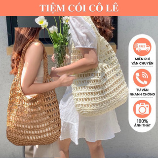   Ảnh thật Giỏ rơm túi rơm có lót cói trơn đeo vai kiểu đan xinh xắn-Tiệm Cói Cô Lê 