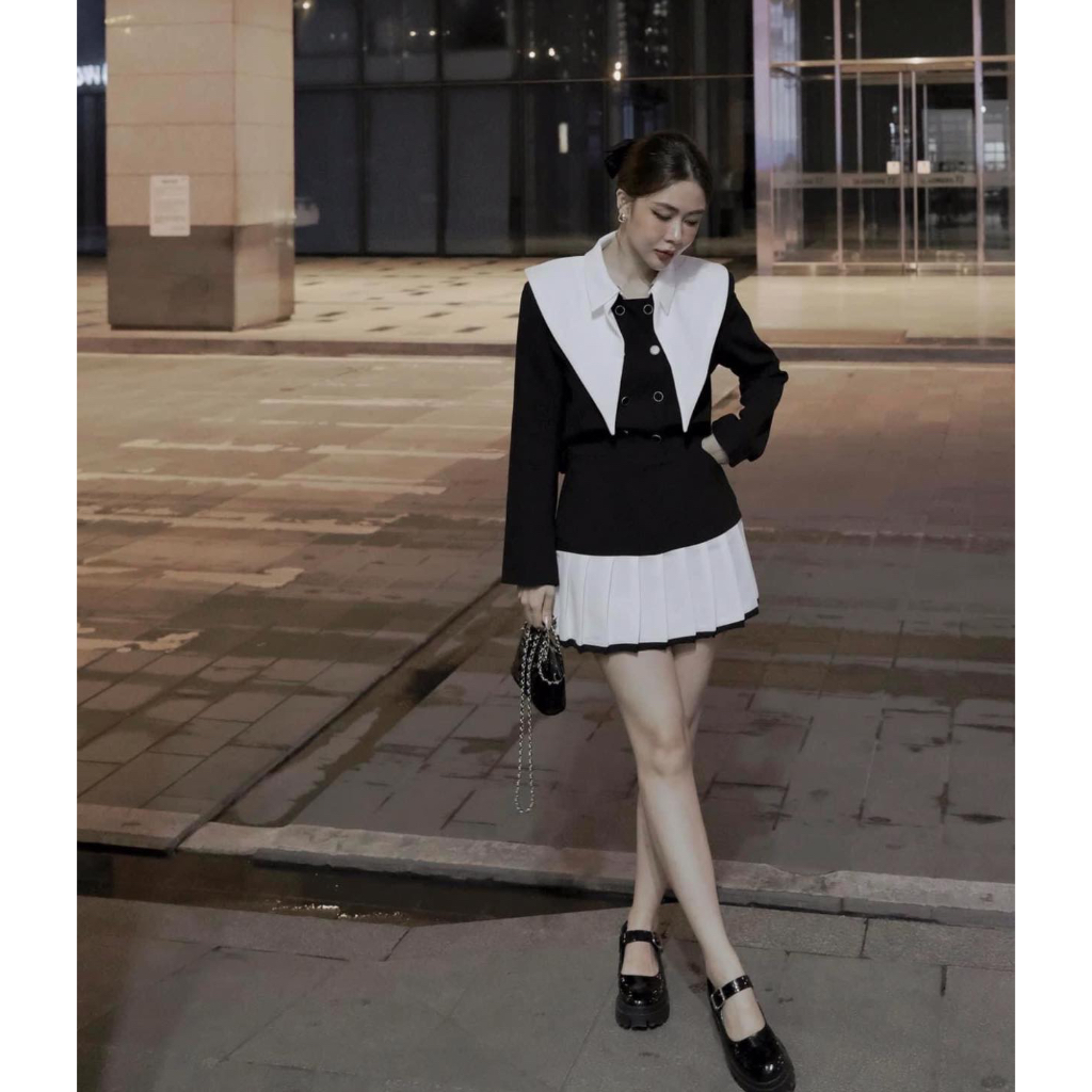 Set váy 𝐀𝐒𝐇𝐘𝐋𝐄𝐘 áo cổ bẻ vạt phối chân váy xếp ly