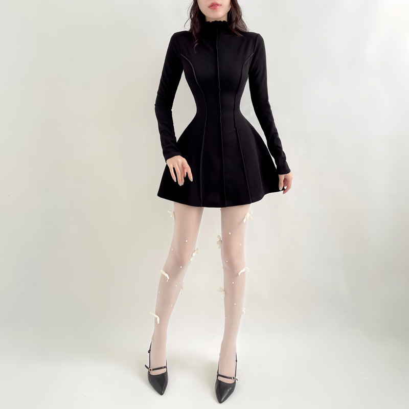 Đầm cổ lọ tay dài Luna Dress NGOCCLOTHING nữ  Váy thun gân dáng xoè thu đông