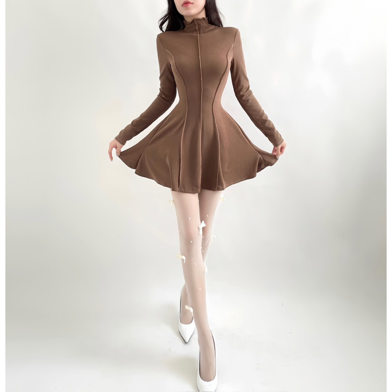 Đầm cổ lọ tay dài Luna Dress NGOCCLOTHING nữ  Váy thun gân dáng xoè thu đông