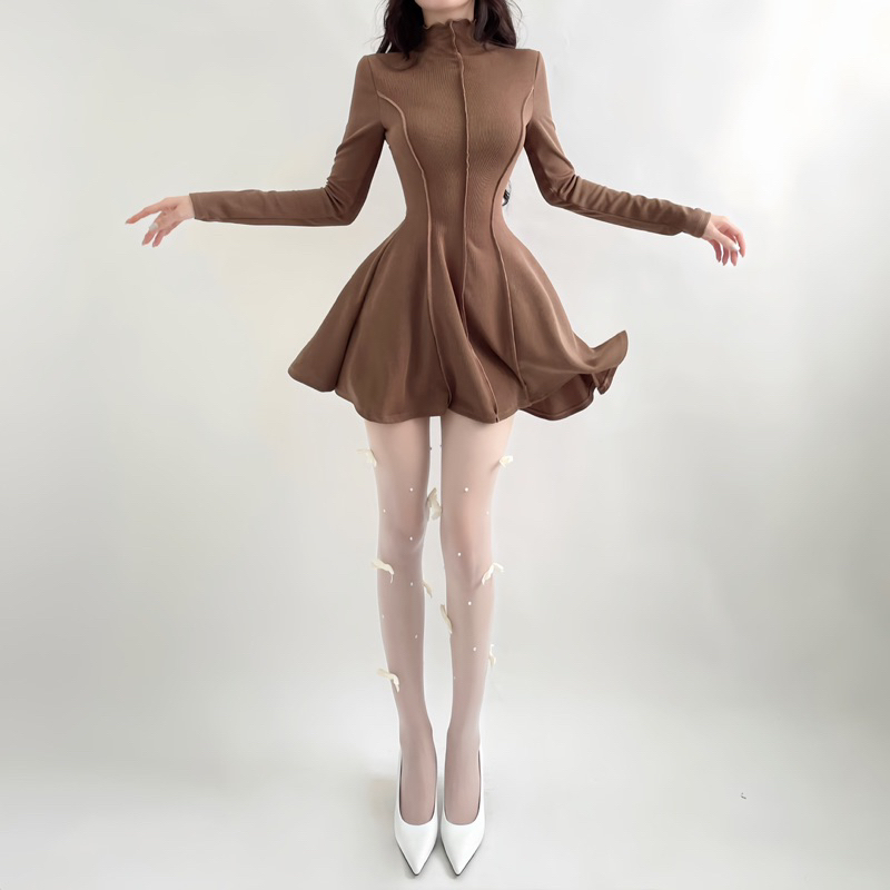 Đầm cổ lọ tay dài Luna Dress NGOCCLOTHING nữ  Váy thun gân dáng xoè thu đông