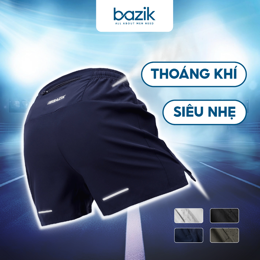 Quần short chạy bộ nam BAZIK Running Lightmax 5 inch thoáng khí, dễ vận động màu đen - ghi - xanh rêu - xanh than