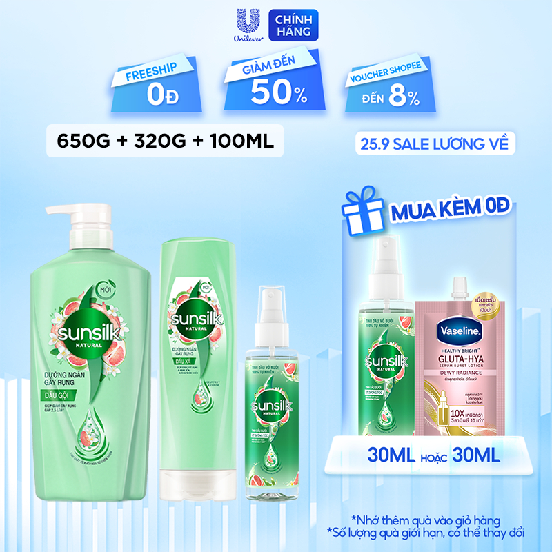 Combo Gội Xả và Xịt dưỡng tóc tinh chất bưởi Sunsilk Natural Dưỡng ngăn Gãy rụng 650g, 320g, 100ml