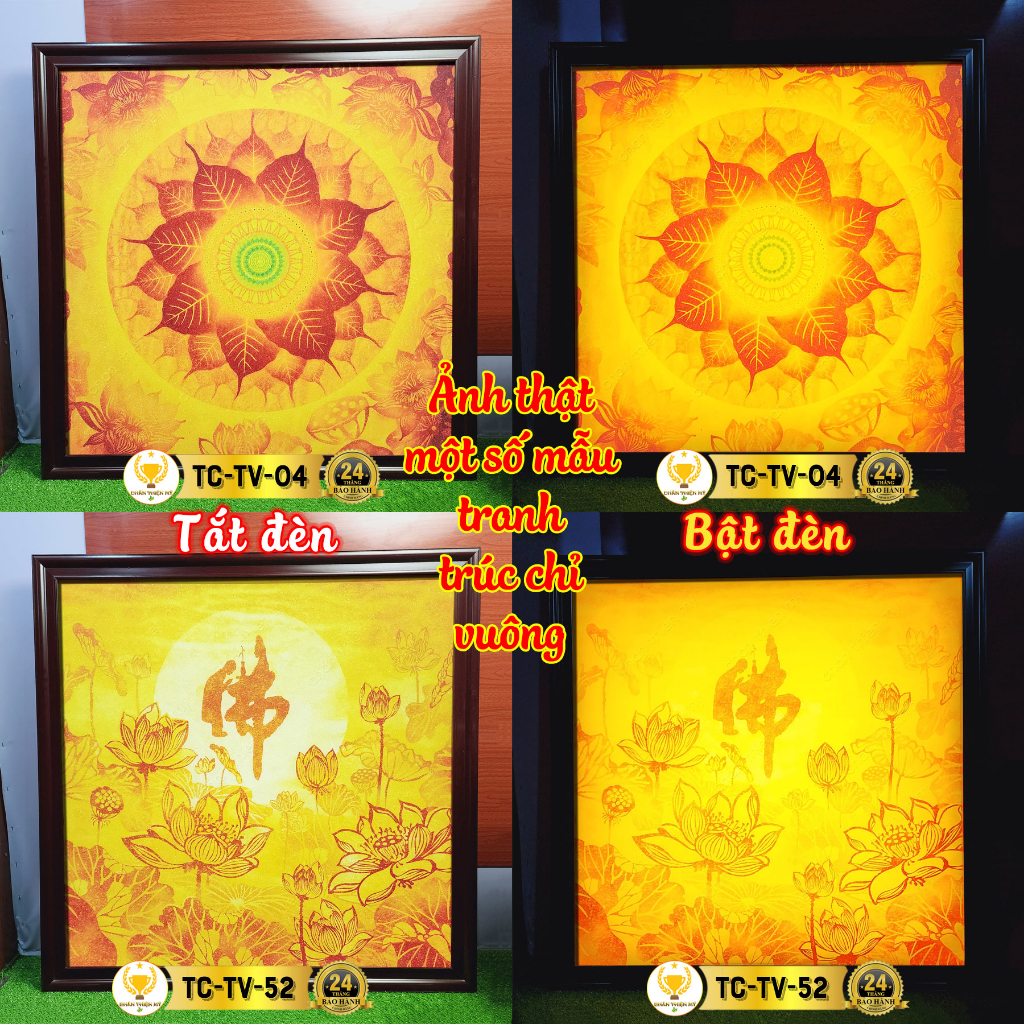 Đèn Hào Quang Phật Hoa Sen In Tranh Trúc Chỉ Vuông CHÂN THIỆN MỸ, Trang Trí Bàn Thờ, Treo Phòng Thờ TC-TV-57