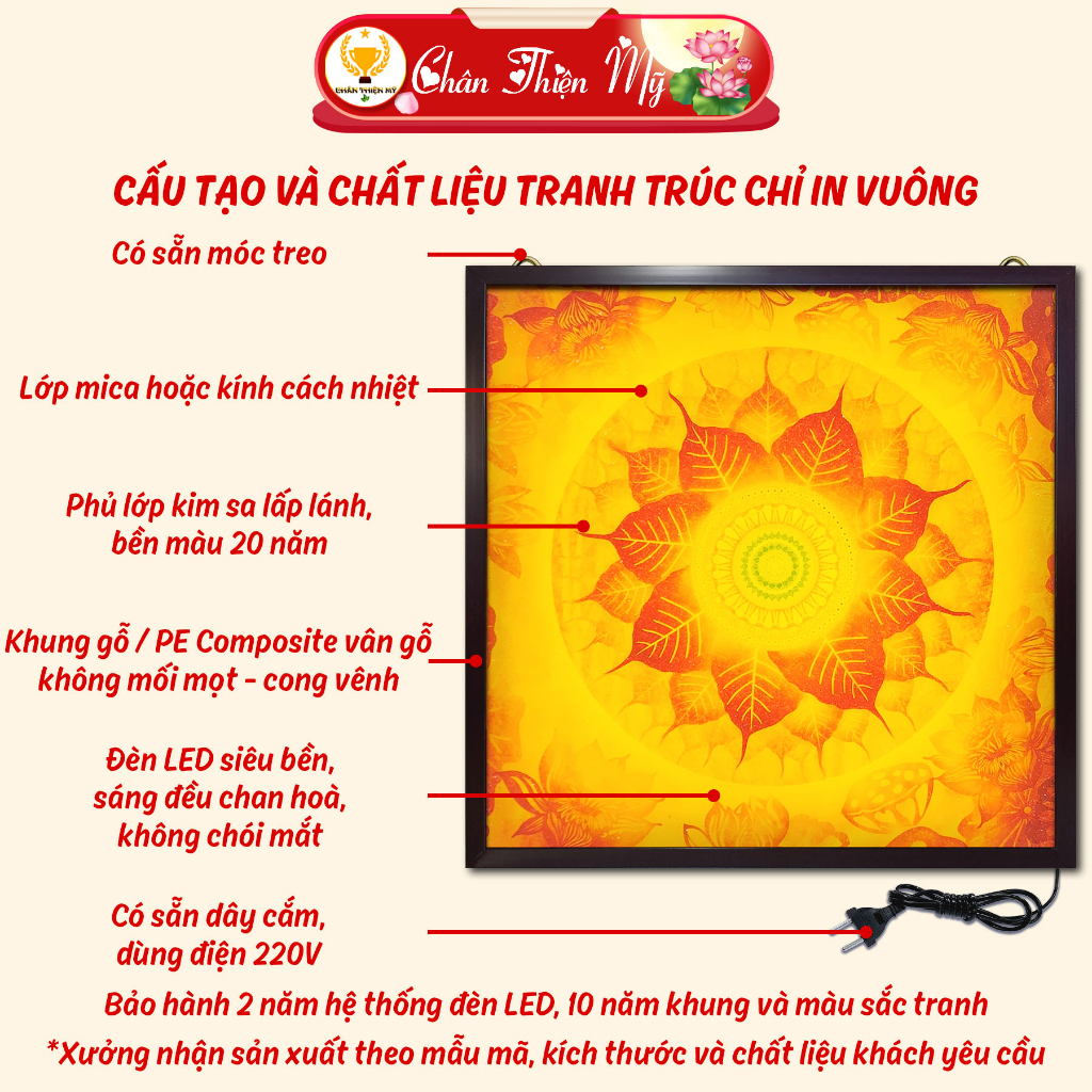 Đèn Hào Quang Phật Hoa Sen In Tranh Trúc Chỉ Vuông CHÂN THIỆN MỸ, Trang Trí Bàn Thờ, Treo Phòng Thờ TC-TV-57