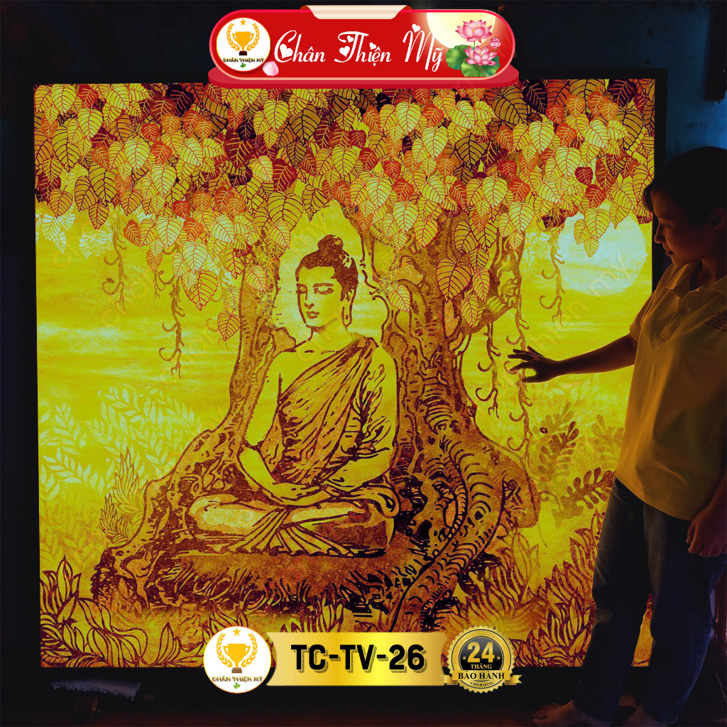 Đèn Hào Quang Phật Hoa Sen In Tranh Trúc Chỉ Vuông CHÂN THIỆN MỸ, Trang Trí Bàn Thờ, Treo Phòng Thờ TC-TV-57