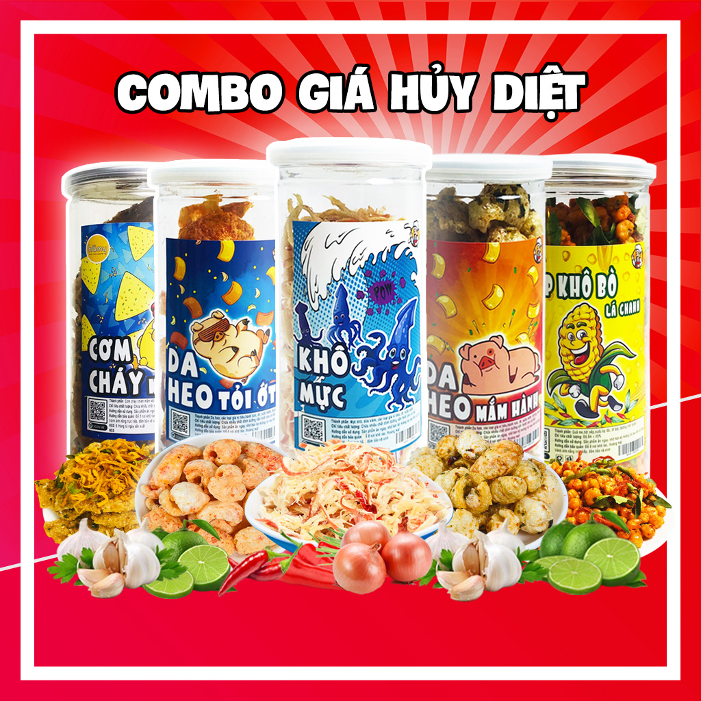 Combo giá hủy diệt - sét 5 món đồ ăn vặt siêu ngon, khô gà, khô bò, khô heo,cơm cháy, da heo đồ ăn vặt Hà My