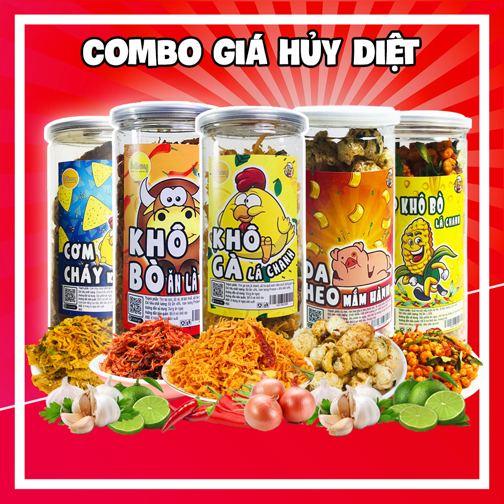 Combo giá hủy diệt - sét 5 món đồ ăn vặt siêu ngon, khô gà, khô bò, khô heo,cơm cháy, da heo đồ ăn vặt Hà My