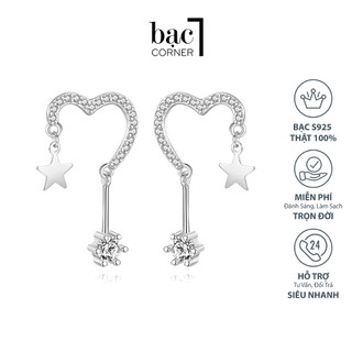 Bông Tai Bạc, Khuyên Tai Trái Tim Đính Đá Thả Sợi 22mm Chất Liệu Bạc 925 Chính Hãng Không Gỉ Sáng Bóng - Bạc Corner