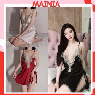 Đầm ngủ váy ngủ satin lụa 2 dây xẻ đùi 2 bên hông phối viền ren sexy gợi cảm mainia shop