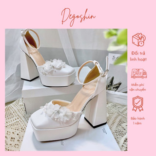  Giày cưới giày cao gót Barbie da mềm gót trụ cao 13cm màu trắng đính hoa thủ công  Degoshin 