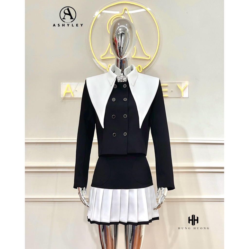 Set váy 𝐀𝐒𝐇𝐘𝐋𝐄𝐘 áo cổ bẻ vạt phối chân váy xếp ly