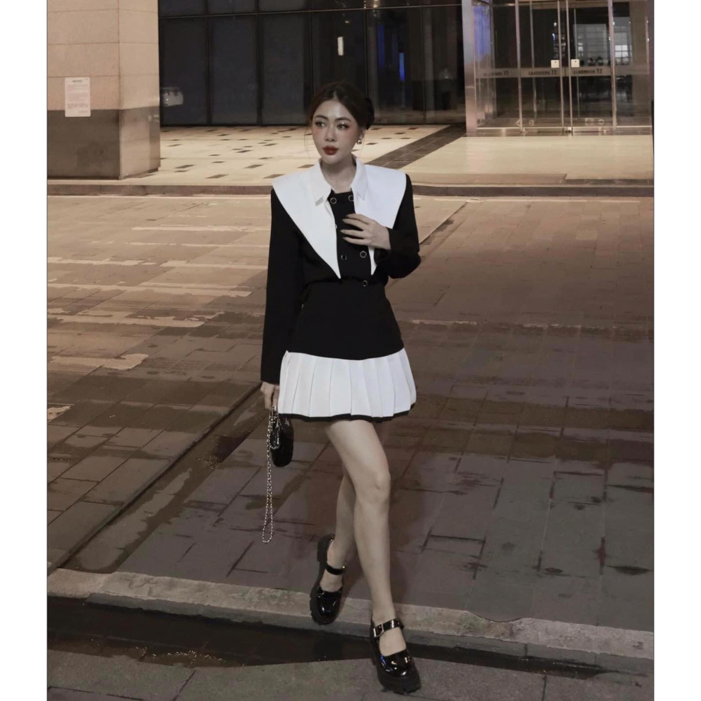 Set váy 𝐀𝐒𝐇𝐘𝐋𝐄𝐘 áo cổ bẻ vạt phối chân váy xếp ly