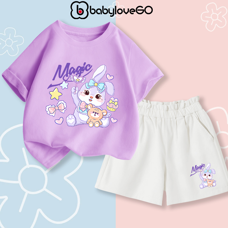 Đồ bộ bé gái BabyloveGO mẫu mới 2024 bộ áo thun quần kaki cho bé in hình thỏ dễ thương BRB27