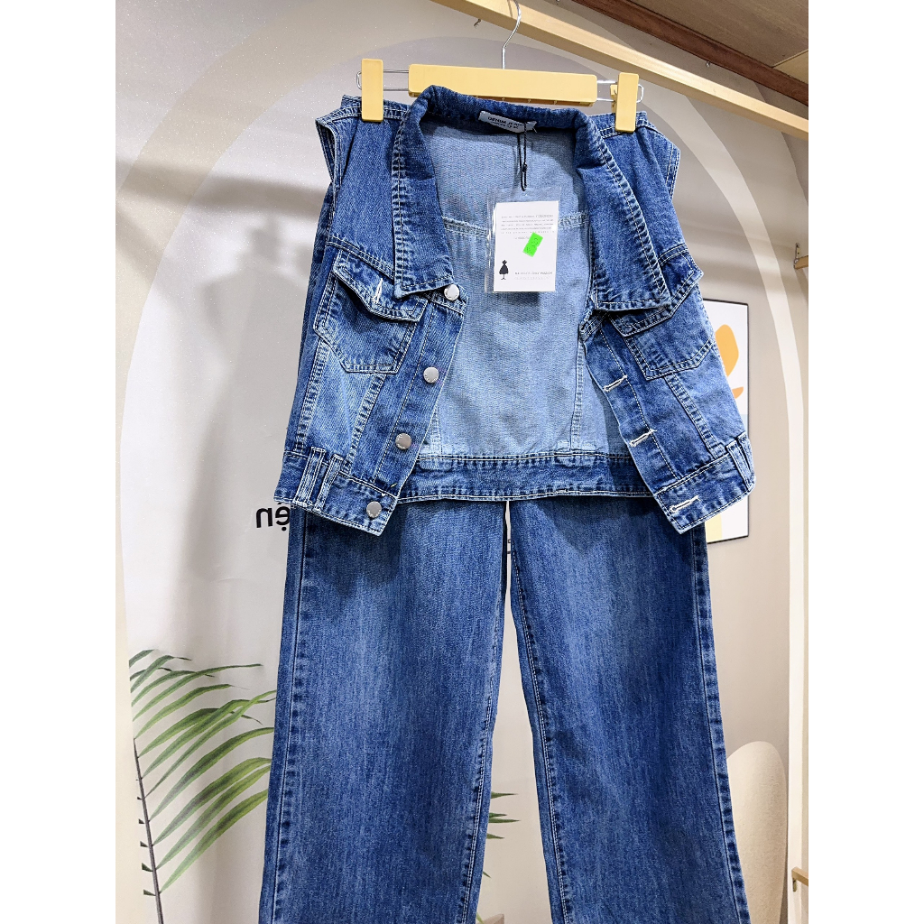 Set bộ bò jean áo sát nách quần dài kiểu dáng thể thao cá tính phong cách mùa thu năm 2023