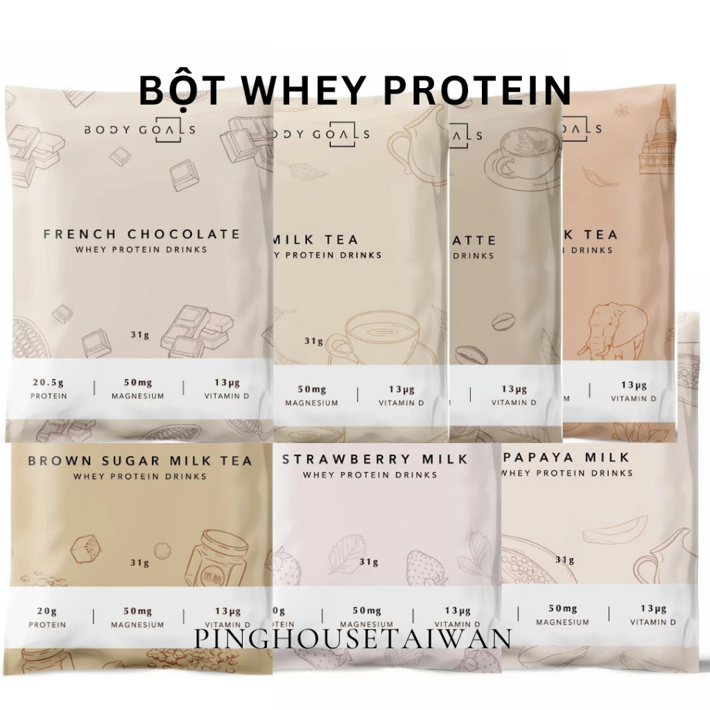 Bột whey protein vị sô cô la, vị trà sữa, vị sữa dâu nội địa Đài Loan gói lẻ 31g BODY GOALS