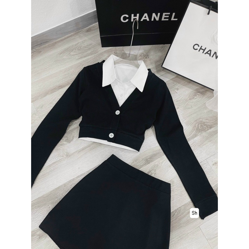 Set áo sơ mi kèm áo khoác ngoài tay dài phối chân váy