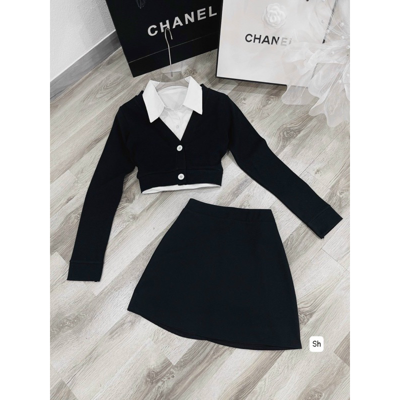 Set áo sơ mi kèm áo khoác ngoài tay dài phối chân váy