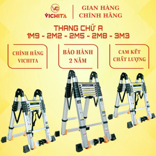 Thang Nhôm Rút Đôi Chữ A VICHITA (3m8 - 6m6) Bản Cao Cấp, Có Bánh Xe, Thanh Giằng Chống Rung Lắc