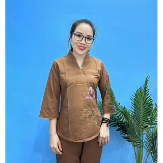 Đồ lam đi chùa - cổ tim nút ngọc thêu sen vải kate lụa mềm mịn