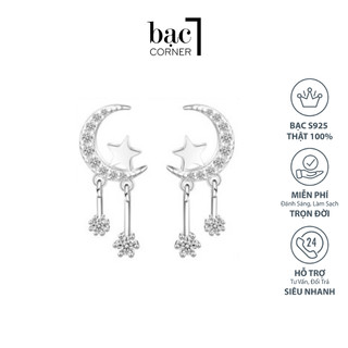 Khuyên Tai Bạc Mặt Trăng Kích Thước 12mm Thả Sợi 2 Ngôi Sao Dài 13mm Chất Liệu Bạc 925