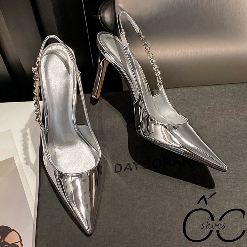 Giày cao gót mũi nhọn quai đá 2 màu, giày gót nhọn quai hậu 9cm mã HM62