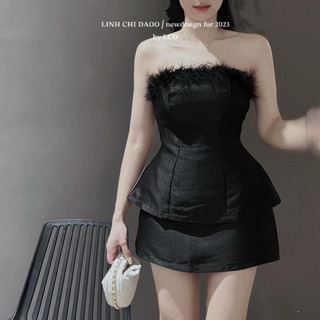 Set áo ống đen cúp lông vũ + chân váy tafta