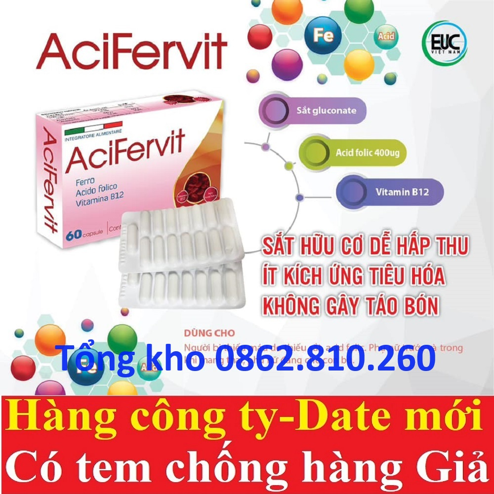 Viên sắt  Acifervit  60 viên - Bổ sung sắt và acid folic cho bà bầu và mẹ sau sinh, phòng thiếu máu và dị tật