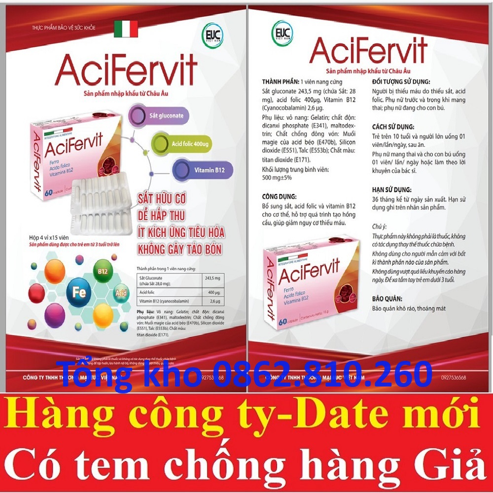 Viên sắt  Acifervit  60 viên - Bổ sung sắt và acid folic cho bà bầu và mẹ sau sinh, phòng thiếu máu và dị tật