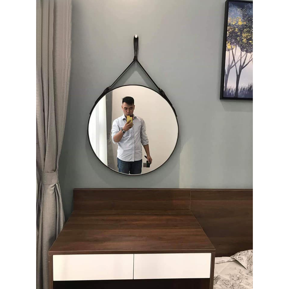 Gương Tròn Treo Tường Decor Gương Viền Da Dây Da Tặng Kèm Full Phụ Kiện Dây Da Simili Đủ 4 Màu Tự Chọn