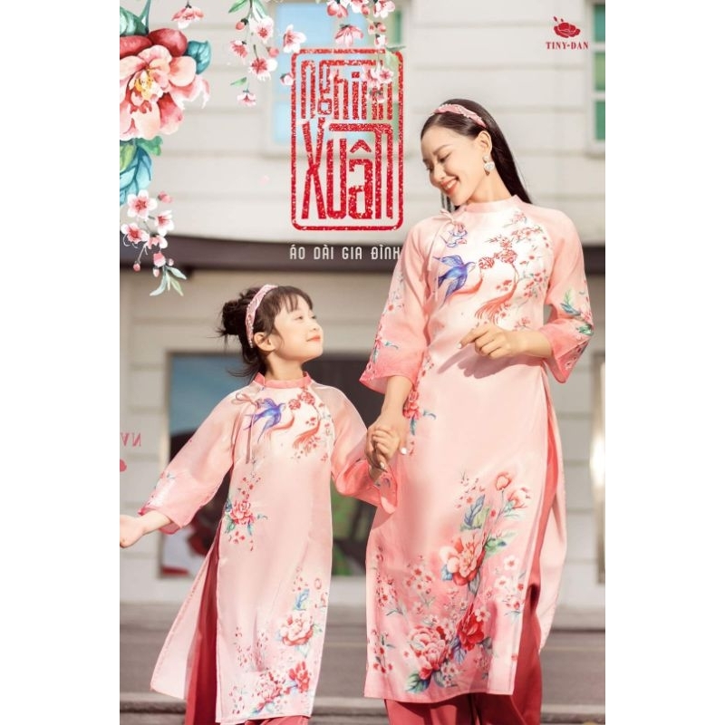 Sét áo dài gia đình bé gái cao cấp.đẹp mềm mại 4 tà  họa tiết in 3d cao cấp.hàng thiết kế bán giá sỉ
