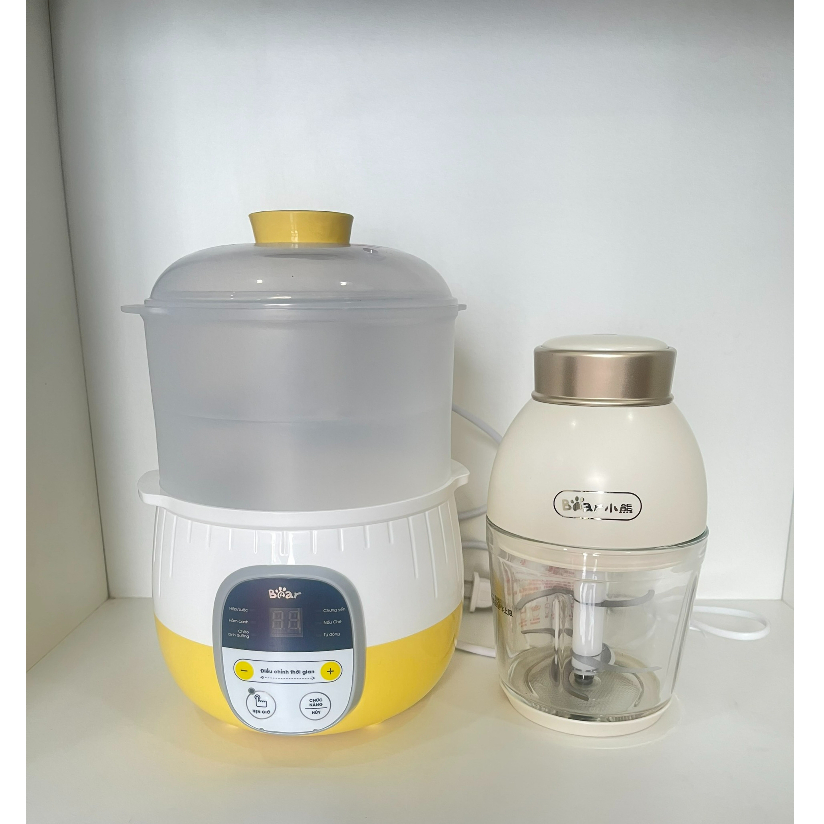 COMBO Nồi nấu chậm, ninh cháo 0.8L Bear SUBE001 màu nâu + Máy xay ăn dặm mni cho bé màu vàng 0.6L Bear D02Q1,BH 18 tháng
