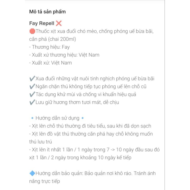 Fay Repell - Ngăn chặn chó, mèo phóng uế bừa bãi, cắn phá đồ đạc, xua đuổi chó, mèo