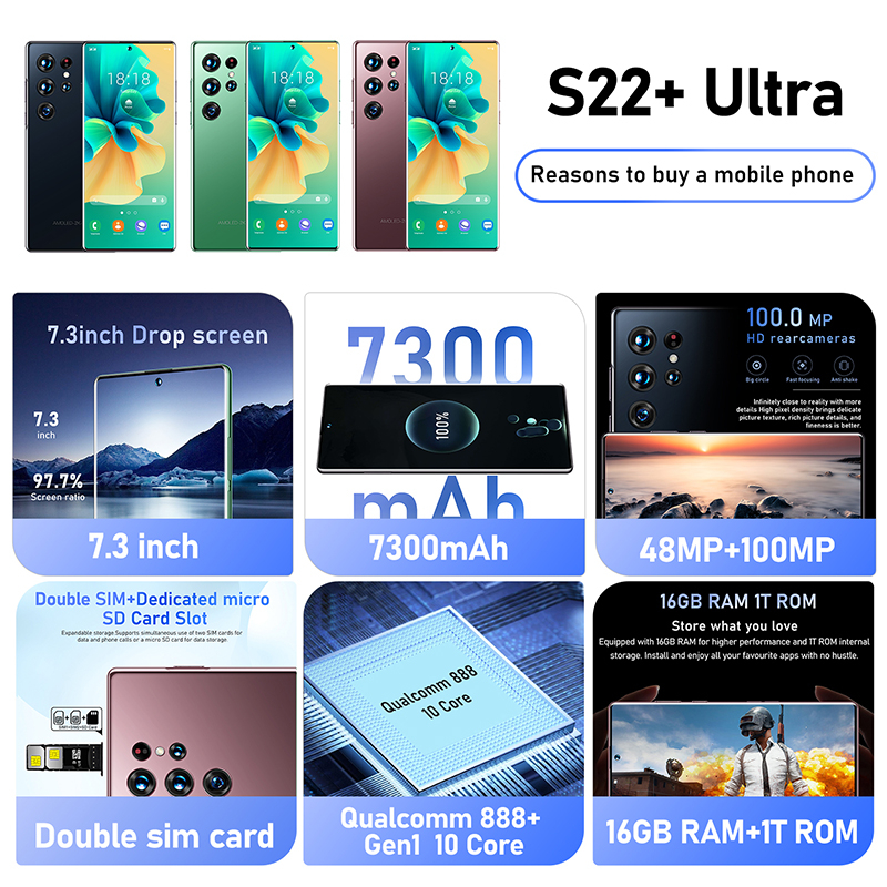S22 Ultra Điện Thoại Di Động Chính Hãng 7.3Inch Điện Thoại Di Động Bộ Nhớ Lớn 16+1T Hai Thẻ Sim Camera HD 48+100MP Pin 7 | BigBuy360 - bigbuy360.vn
