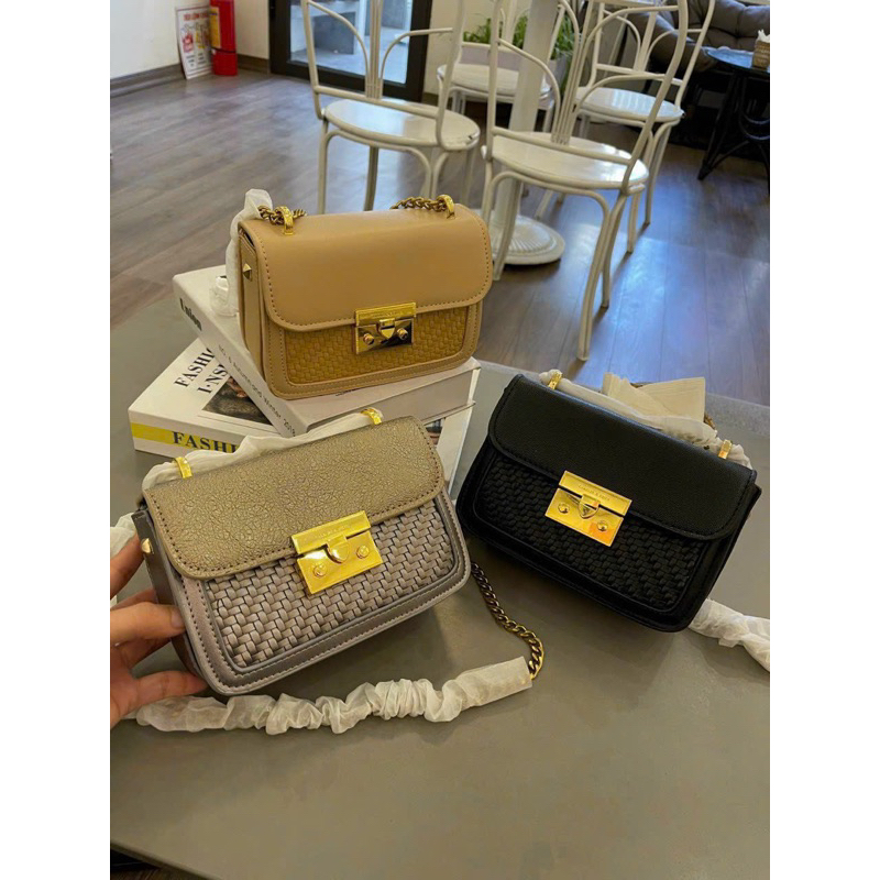 Túi Xách Khuy Bấm Nắp Nhung Và Nắp Da Hoạ Tiết Da Đan