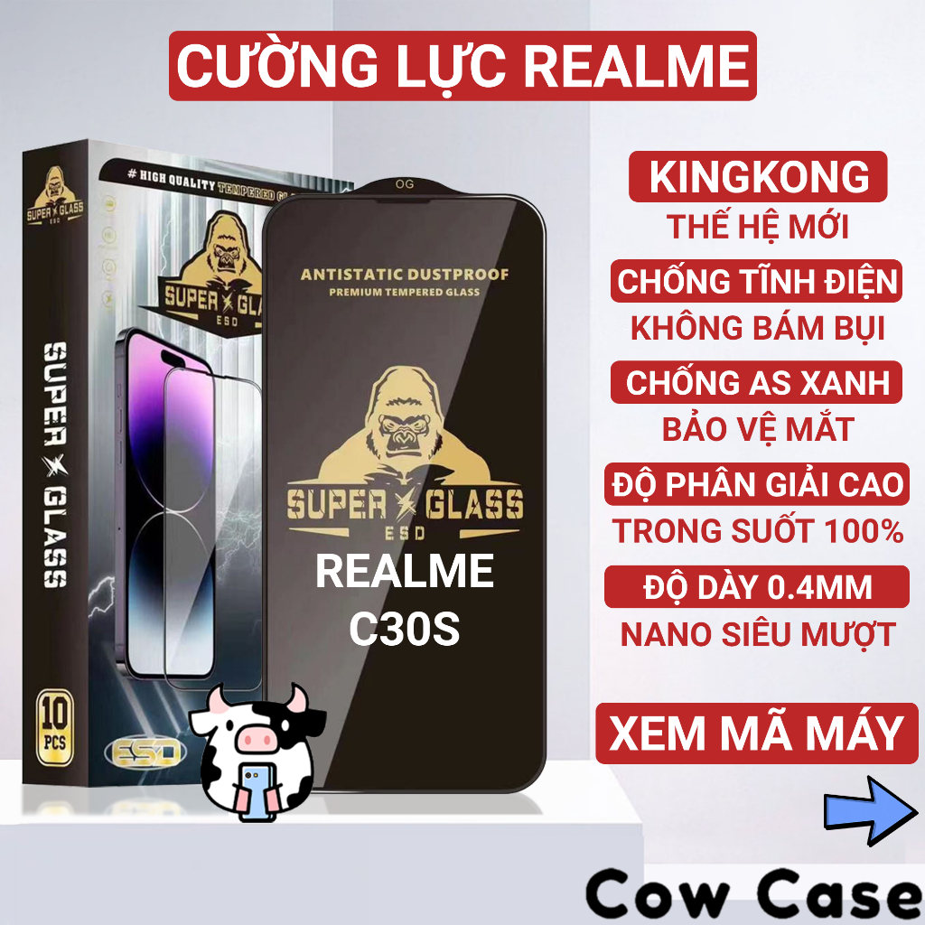 Kính cường lực Realme C30s Kingkong full màn | Miếng dán bảo vệ màn hình cho Realme Cowcase