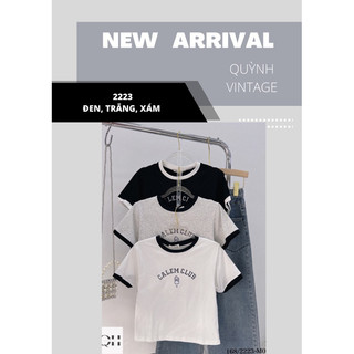 2223-Áo thun croptop viền thêu chữ Quỳnh vintage