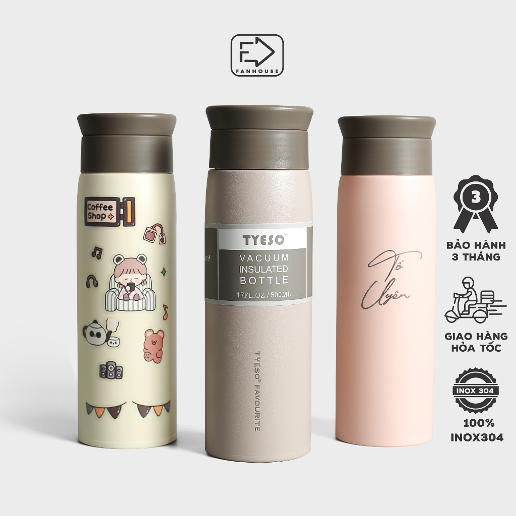 Bình giữ nhiệt Tyeso Favour Fan House 500ml, chất liệu inox 304, khắc tên theo yêu cầu, tặng kèm sticker và cọ rửa