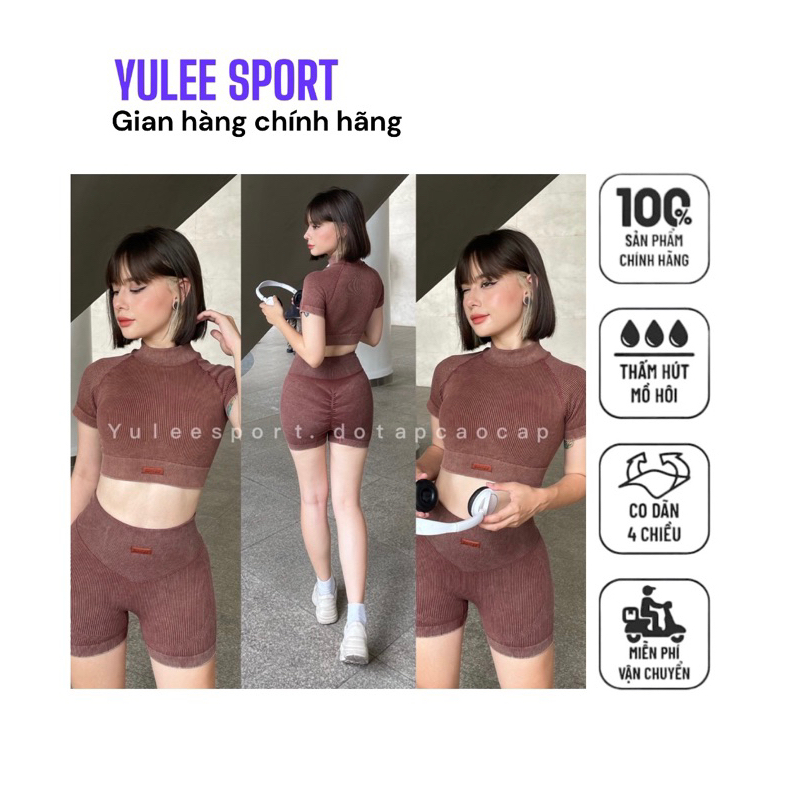 Bộ tập gym yoga cho nữ tay cộc màu wash cổ cao quần dài và ngắn Yulee Sport.