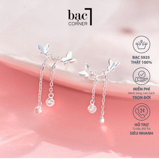 Bông Tai Bạc, Khuyên Tai Đính Đá Cánh Bướm Hồ Điệp Sang Chảnh Dài 20mm Chất Liệu Bạc 100% Sáng Bóng Không Gỉ -Bạc Corner