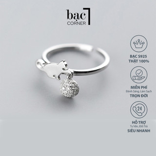 Nhẫn Bạc Nữ, Nhẫn Đính Đá Hình Quả Cầu Và Chú Mèo Đáng Yêu Tùy Chỉnh Độ Rộng Chất Liệu Bạc 925 Siêu Sáng Không Gỉ