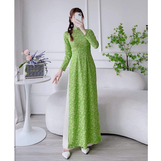 Áo dài gấm thanh liễu 2 tà xanh cốm tl35.