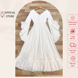Váy xô xốp trắng tinh Thái lan, cổ V pha ren, đuôi lai bèo,tay loe dài Mót Boho