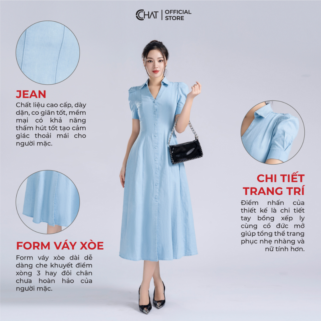 Đầm Nữ 𝐂𝐂𝐇𝐀𝐓 Dáng Xòe Đính Cúc Thân Trước Chất Vải Cao Cấp Phong Cách Thanh Lịch 13VNJ2042XT